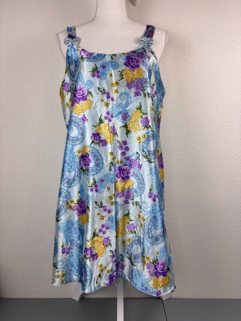 Santé Vintage women's large blue floral satin slip dress lingerie nightgown bows